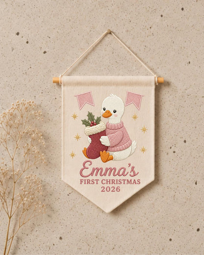 Personalized First Christmas Wall Hanging, Custom Name Embroidered Goose Banner, Baby Girl Christmas Nursery Decor, Newborn Keepsake Gift