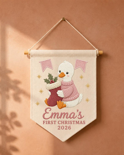 Personalized First Christmas Wall Hanging, Custom Name Embroidered Goose Banner, Baby Girl Christmas Nursery Decor, Newborn Keepsake Gift