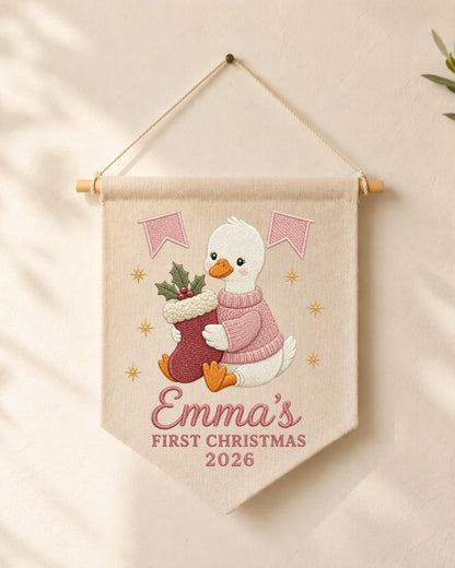 Personalized First Christmas Wall Hanging, Custom Name Embroidered Goose Banner, Baby Girl Christmas Nursery Decor, Newborn Keepsake Gift
