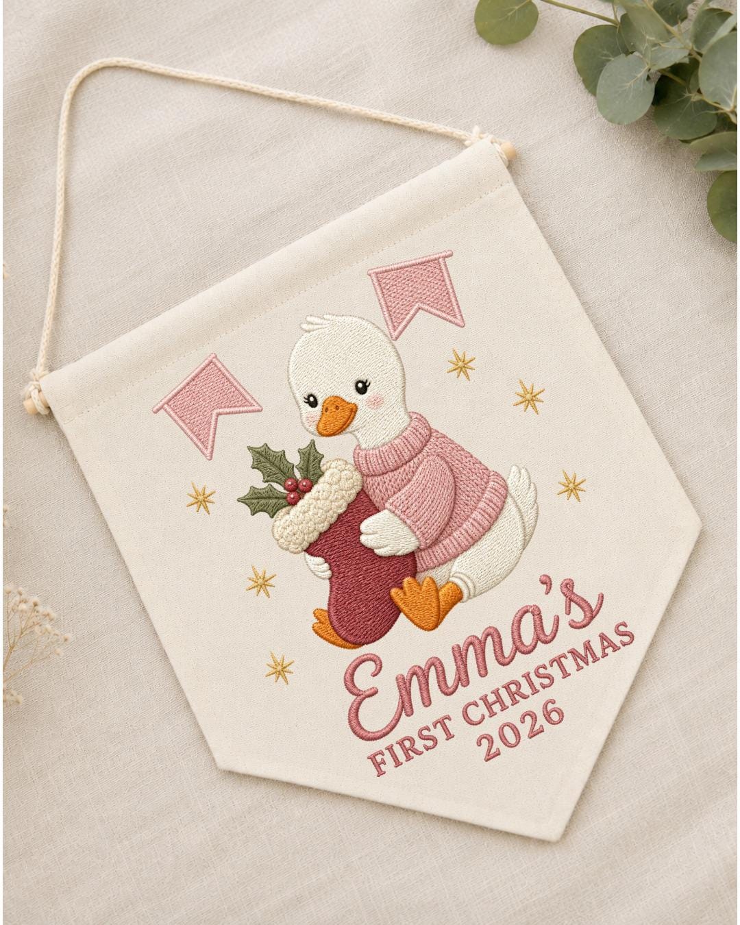 Personalized First Christmas Wall Hanging, Custom Name Embroidered Goose Banner, Baby Girl Christmas Nursery Decor, Newborn Keepsake Gift