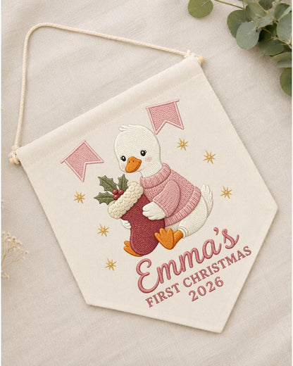 Personalized First Christmas Wall Hanging, Custom Name Embroidered Goose Banner, Baby Girl Christmas Nursery Decor, Newborn Keepsake Gift