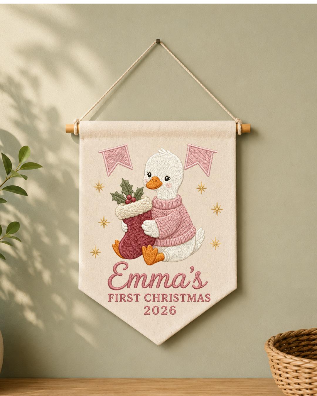 Personalized First Christmas Wall Hanging, Custom Name Embroidered Goose Banner, Baby Girl Christmas Nursery Decor, Newborn Keepsake Gift