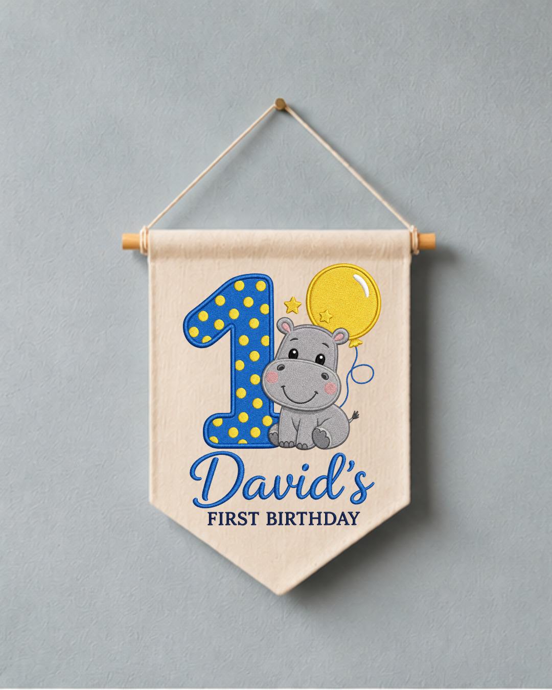Personalized First Birthday Wall Hanging, Custom Name Embroidered Hippo Banner, 1st Birthday Party Decor, Baby Boy Birthday Keepsake Gift