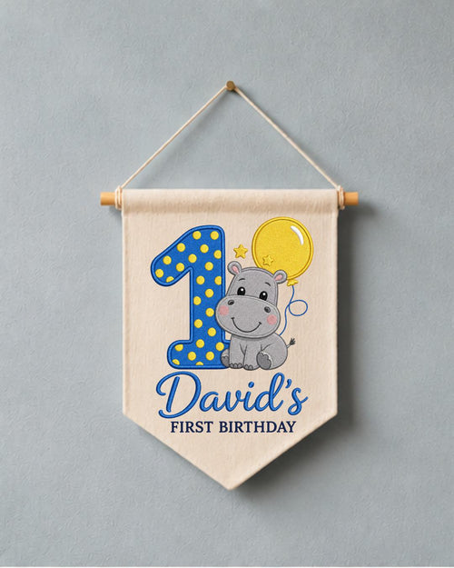 Personalized First Birthday Wall Hanging, Custom Name Embroidered Hippo Banner, 1st Birthday Party Decor, Baby Boy Birthday Keepsake Gift