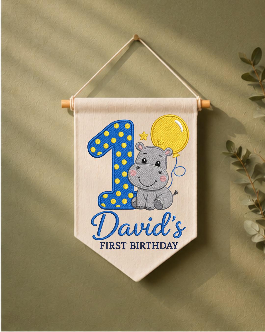 Personalized First Birthday Wall Hanging, Custom Name Embroidered Hippo Banner, 1st Birthday Party Decor, Baby Boy Birthday Keepsake Gift