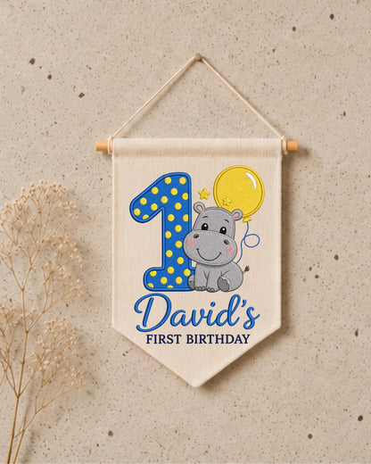 Personalized First Birthday Wall Hanging, Custom Name Embroidered Hippo Banner, 1st Birthday Party Decor, Baby Boy Birthday Keepsake Gift
