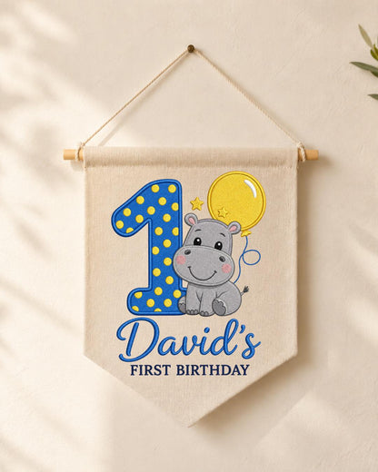 Personalized First Birthday Wall Hanging, Custom Name Embroidered Hippo Banner, 1st Birthday Party Decor, Baby Boy Birthday Keepsake Gift