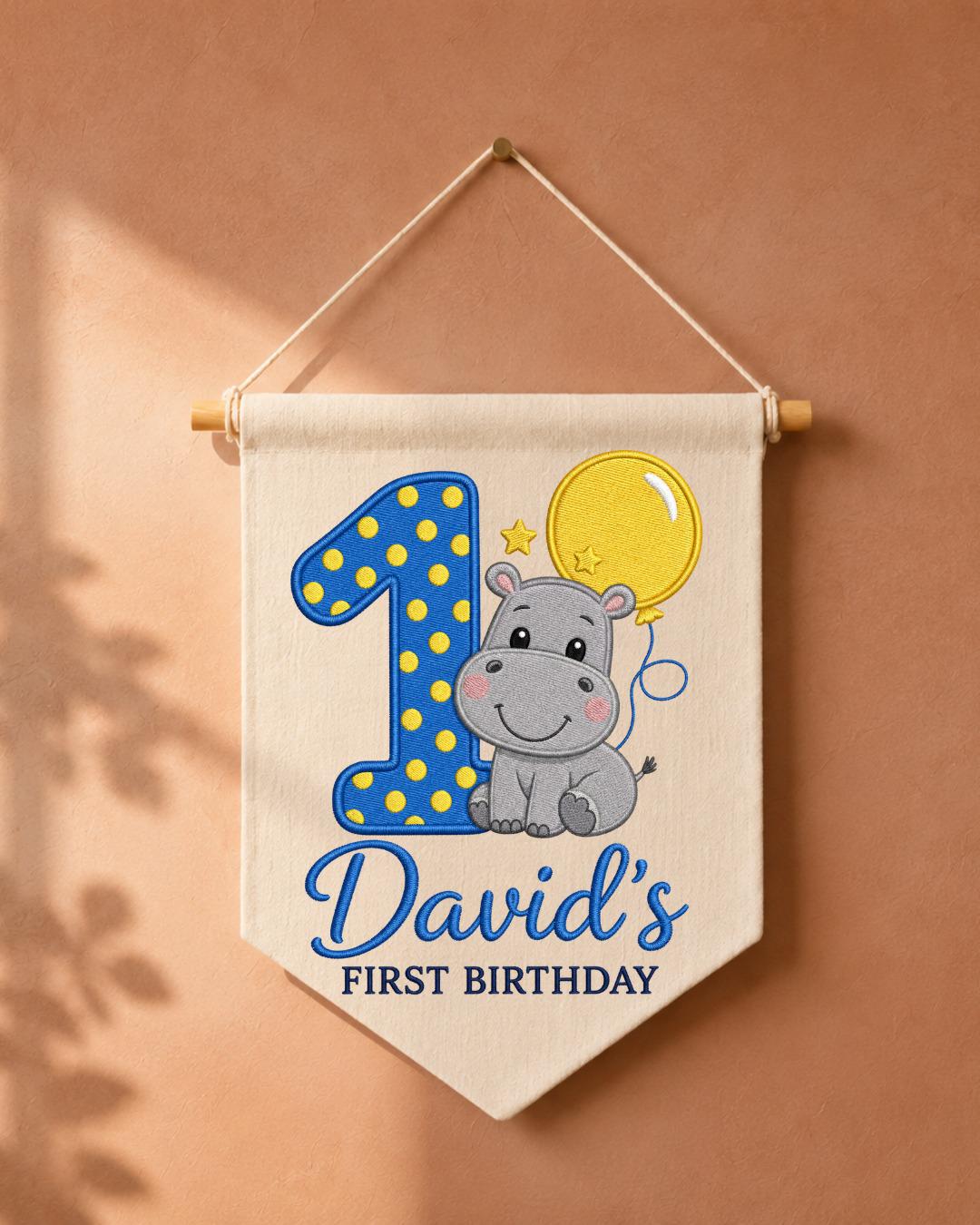 Personalized First Birthday Wall Hanging, Custom Name Embroidered Hippo Banner, 1st Birthday Party Decor, Baby Boy Birthday Keepsake Gift
