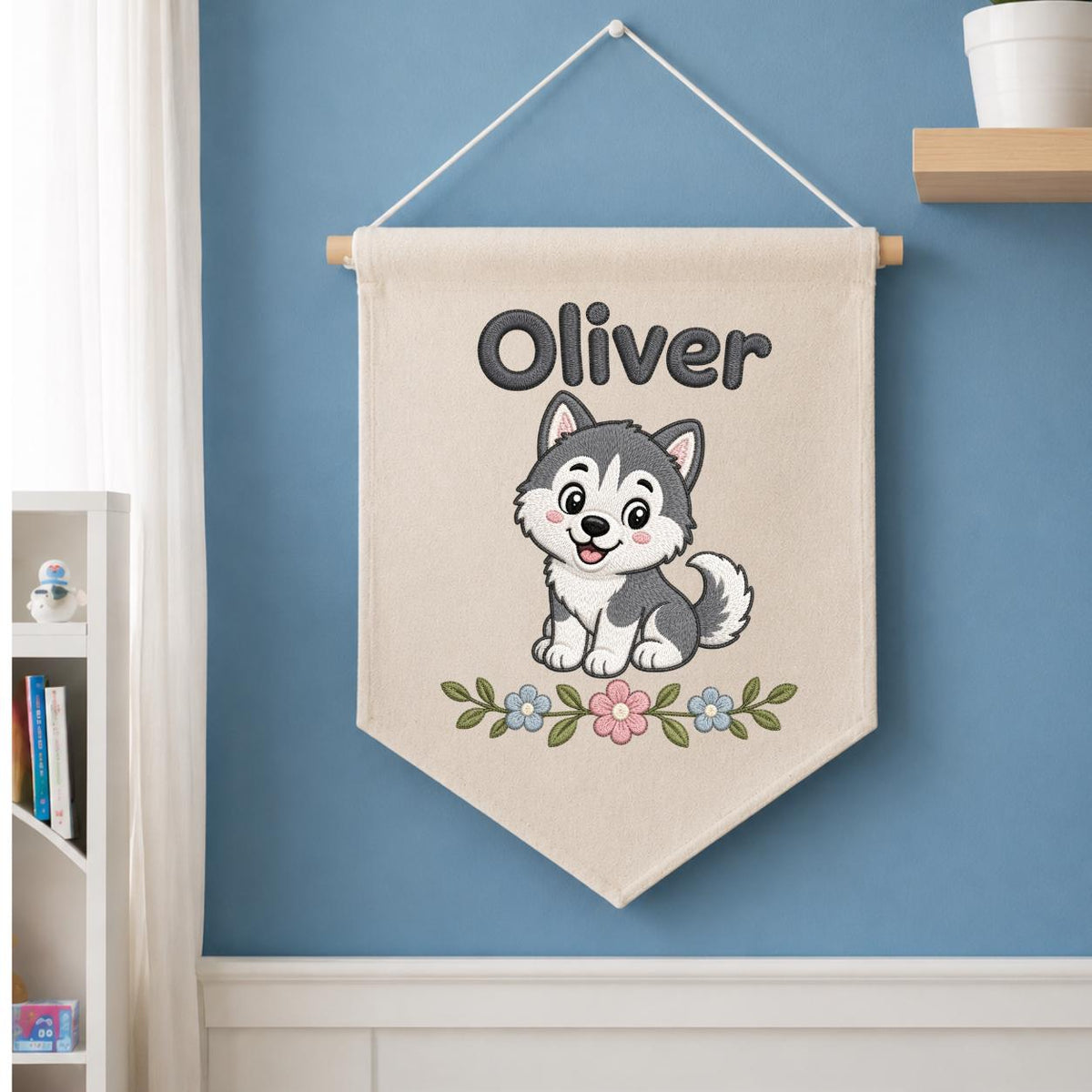 Personalized Embroidered Husky Banner, Custom Name Nursery Decor, Linen Wall Hanging