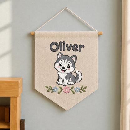 Personalized Embroidered Husky Banner, Custom Name Nursery Decor, Linen Wall Hanging