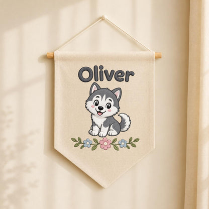 Personalized Embroidered Husky Banner, Custom Name Nursery Decor, Linen Wall Hanging
