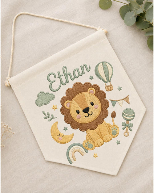 Personalized Lion Nursery Wall Hanging, Custom Name Embroidered Banner, Baby Boy Room Decor, Safari Nursery Art, Newborn Baby Shower Gift