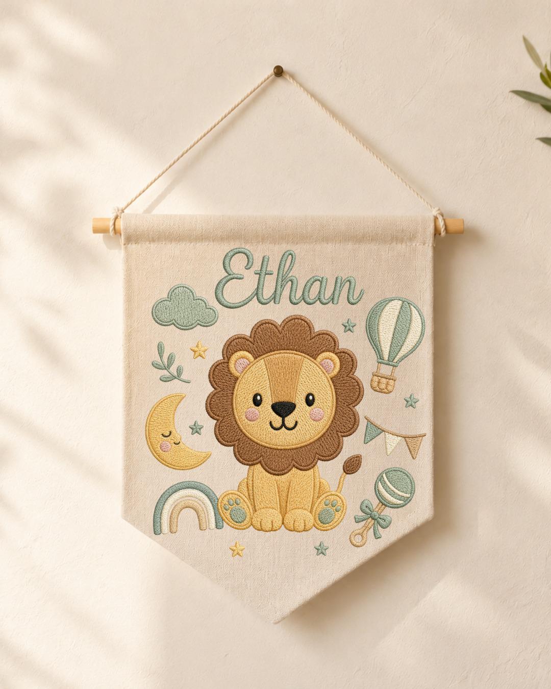 Personalized Lion Nursery Wall Hanging, Custom Name Embroidered Banner, Baby Boy Room Decor, Safari Nursery Art, Newborn Baby Shower Gift