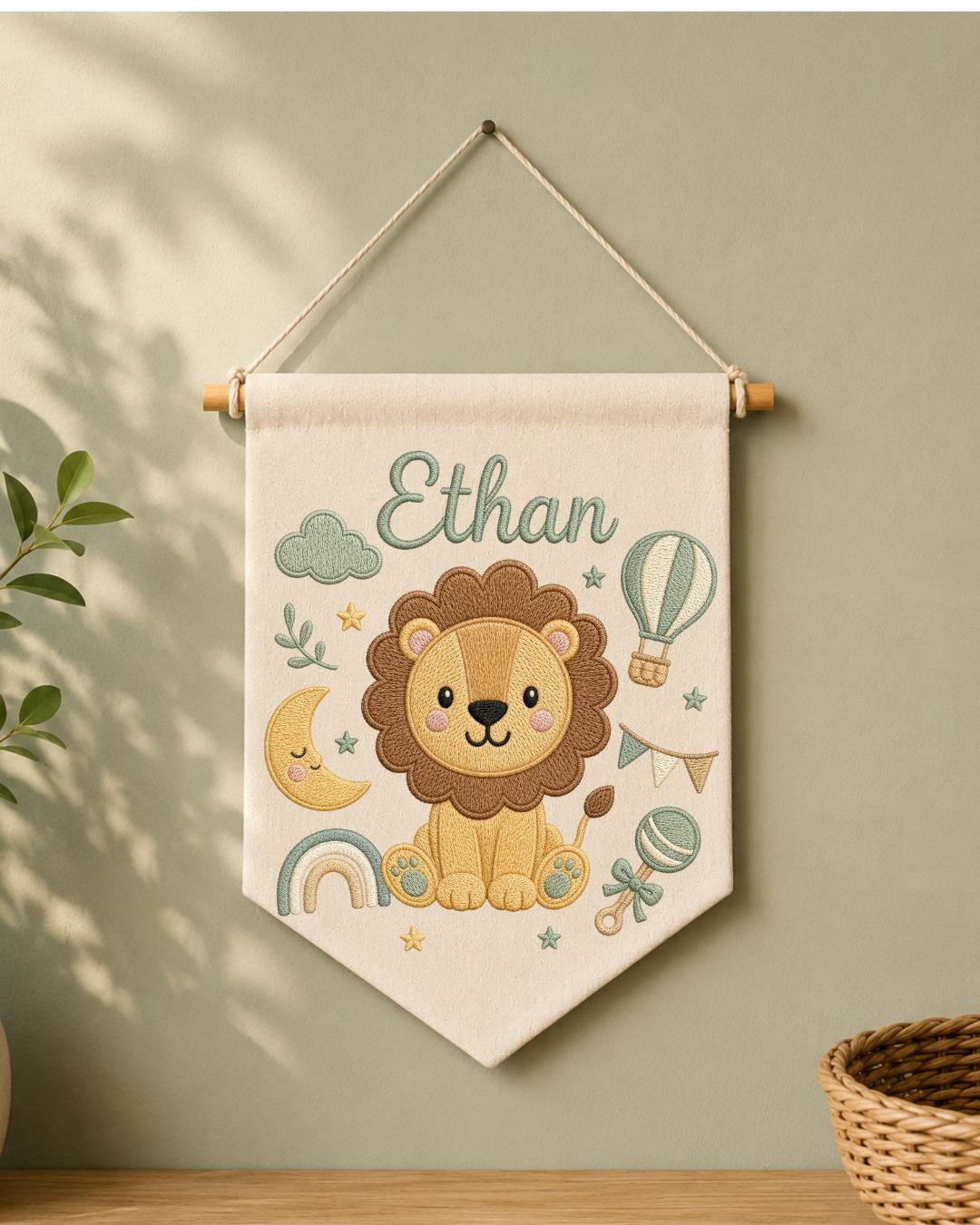 Personalized Lion Nursery Wall Hanging, Custom Name Embroidered Banner, Baby Boy Room Decor, Safari Nursery Art, Newborn Baby Shower Gift