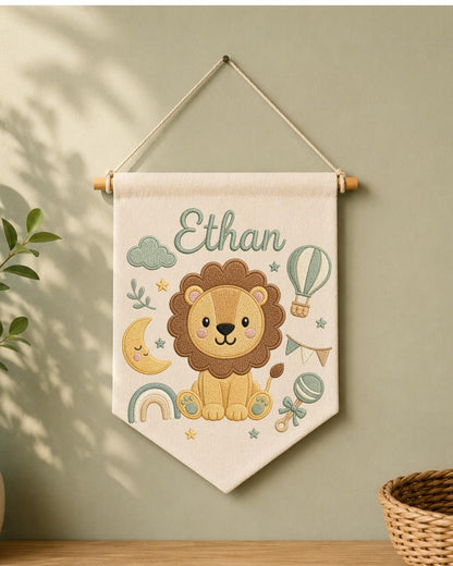 Personalized Lion Nursery Wall Hanging, Custom Name Embroidered Banner, Baby Boy Room Decor, Safari Nursery Art, Newborn Baby Shower Gift