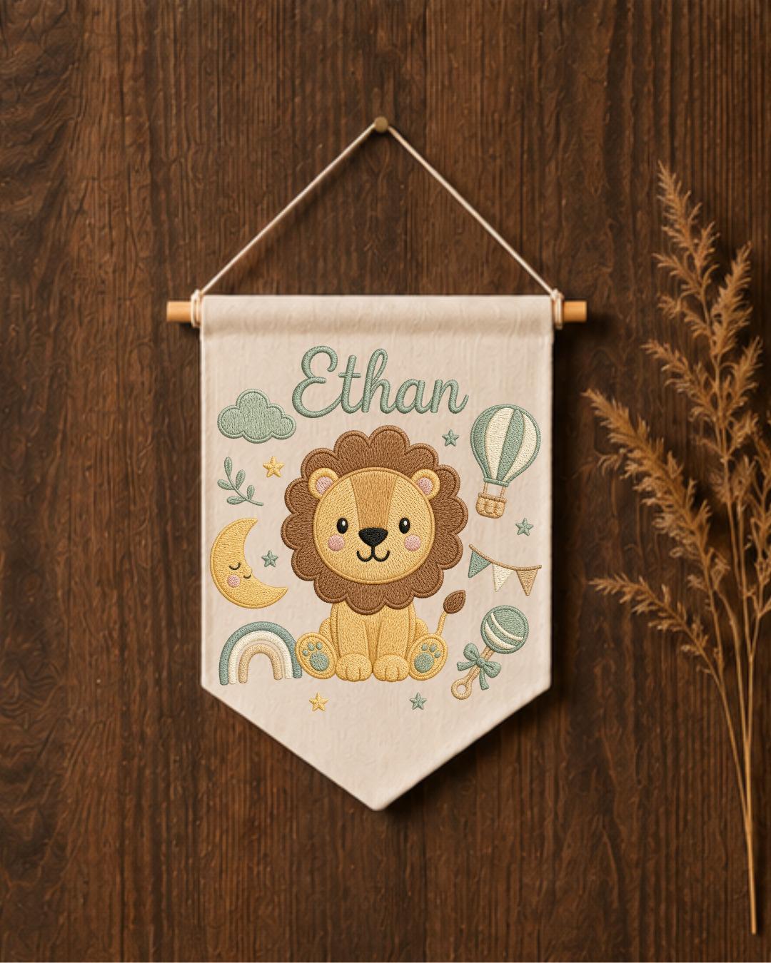 Personalized Lion Nursery Wall Hanging, Custom Name Embroidered Banner, Baby Boy Room Decor, Safari Nursery Art, Newborn Baby Shower Gift