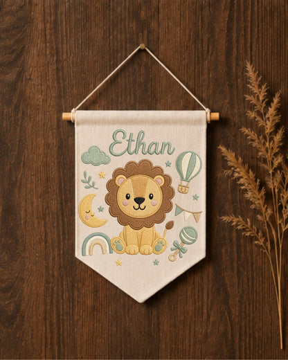 Personalized Lion Nursery Wall Hanging, Custom Name Embroidered Banner, Baby Boy Room Decor, Safari Nursery Art, Newborn Baby Shower Gift