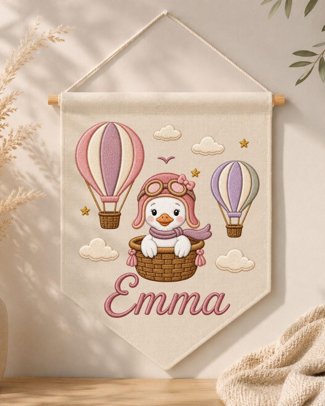 Personalized Hot Air Balloon Goose Wall Hanging, Custom Name Embroidered Nursery Banner, Baby Girl Room Decor, Adventure Nursery Gift