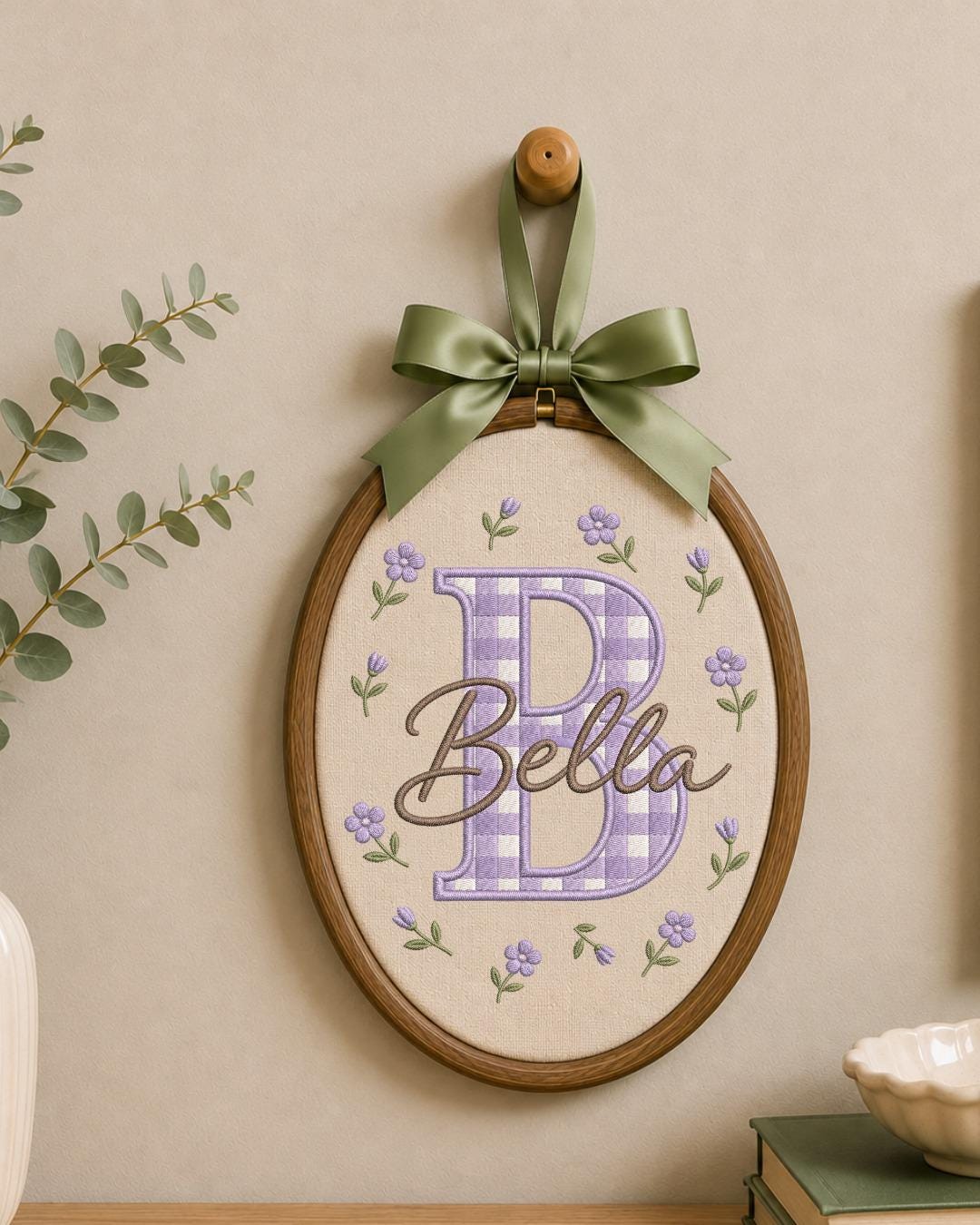 Personalized Initial Embroidery Hoop, Custom Baby Name Ornament, Gingham Monogram Nursery Decor, Floral Baby Girl Wall Art, Newborn Gift