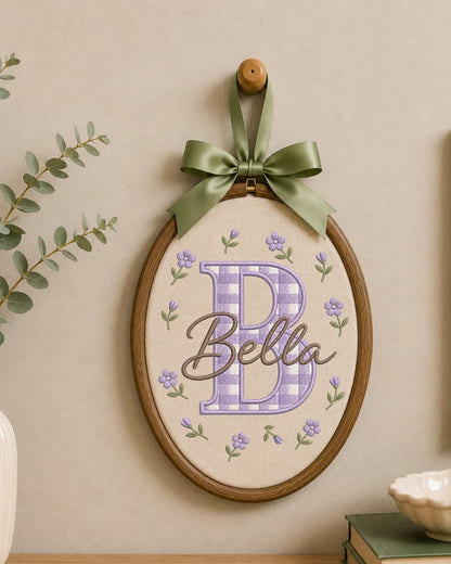 Personalized Initial Embroidery Hoop, Custom Baby Name Ornament, Gingham Monogram Nursery Decor, Floral Baby Girl Wall Art, Newborn Gift