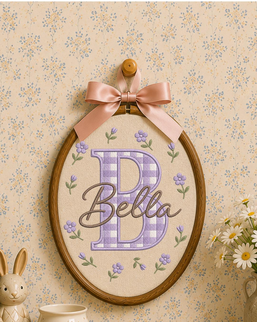 Personalized Initial Embroidery Hoop, Custom Baby Name Ornament, Gingham Monogram Nursery Decor, Floral Baby Girl Wall Art, Newborn Gift