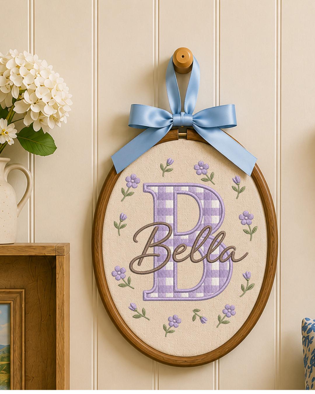 Personalized Initial Embroidery Hoop, Custom Baby Name Ornament, Gingham Monogram Nursery Decor, Floral Baby Girl Wall Art, Newborn Gift
