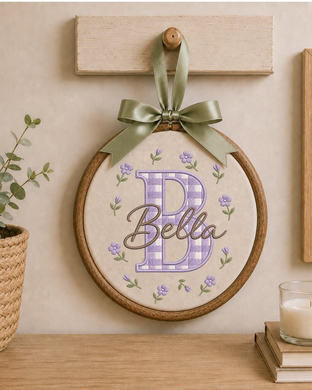 Personalized Initial Embroidery Hoop, Custom Baby Name Ornament, Gingham Monogram Nursery Decor, Floral Baby Girl Wall Art, Newborn Gift