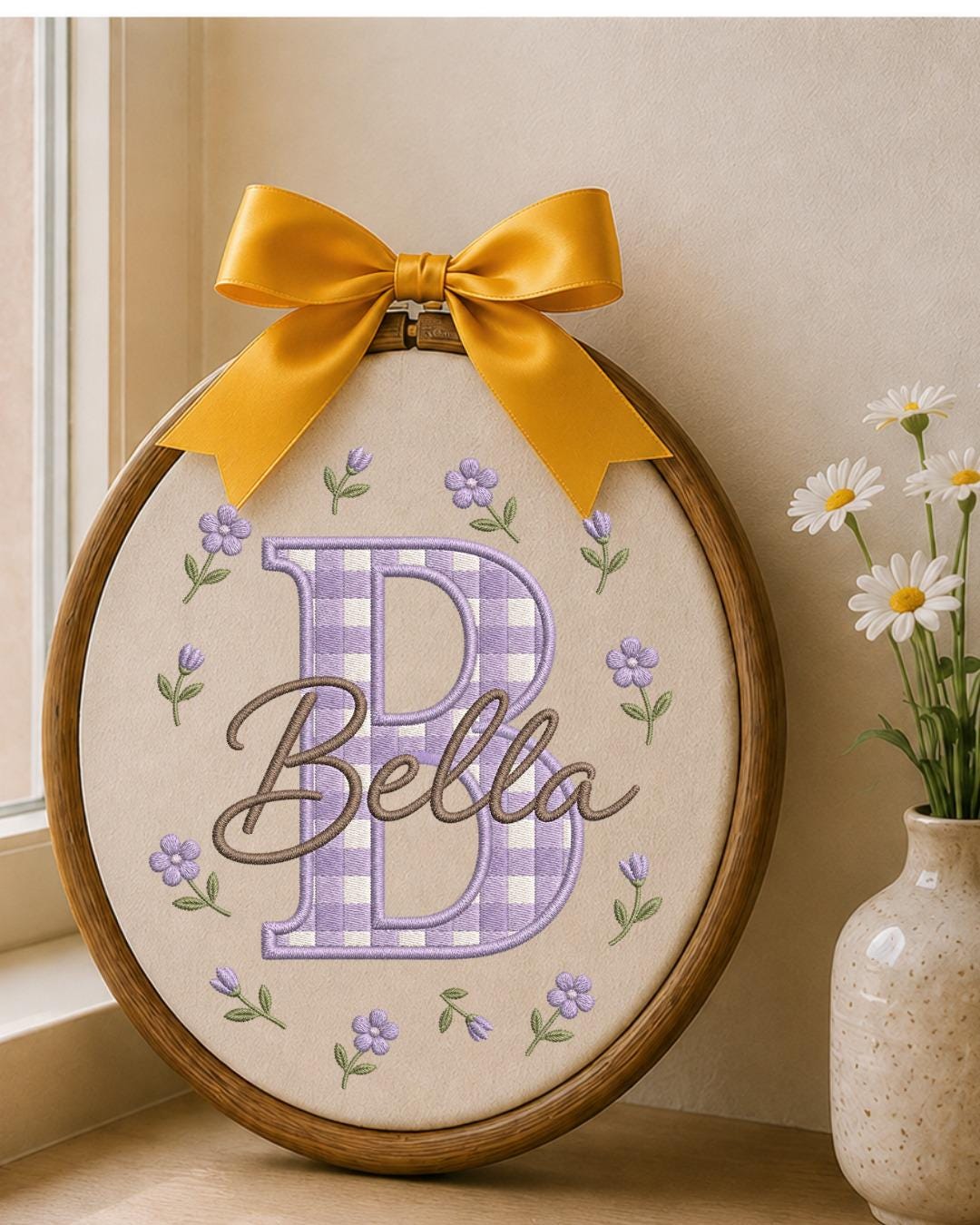Personalized Initial Embroidery Hoop, Custom Baby Name Ornament, Gingham Monogram Nursery Decor, Floral Baby Girl Wall Art, Newborn Gift