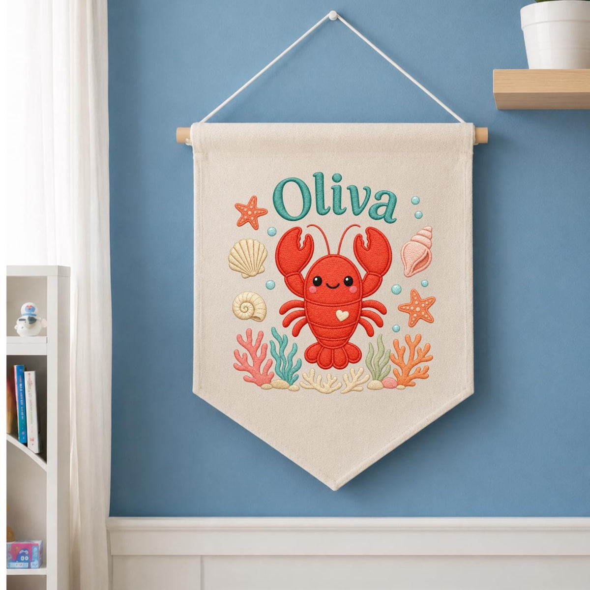 Personalized Lobster Name Banner, Nautical Nursery Decor, Embroidered Canvas Sign