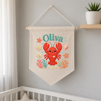 Personalized Lobster Name Banner, Nautical Nursery Decor, Embroidered Canvas Sign