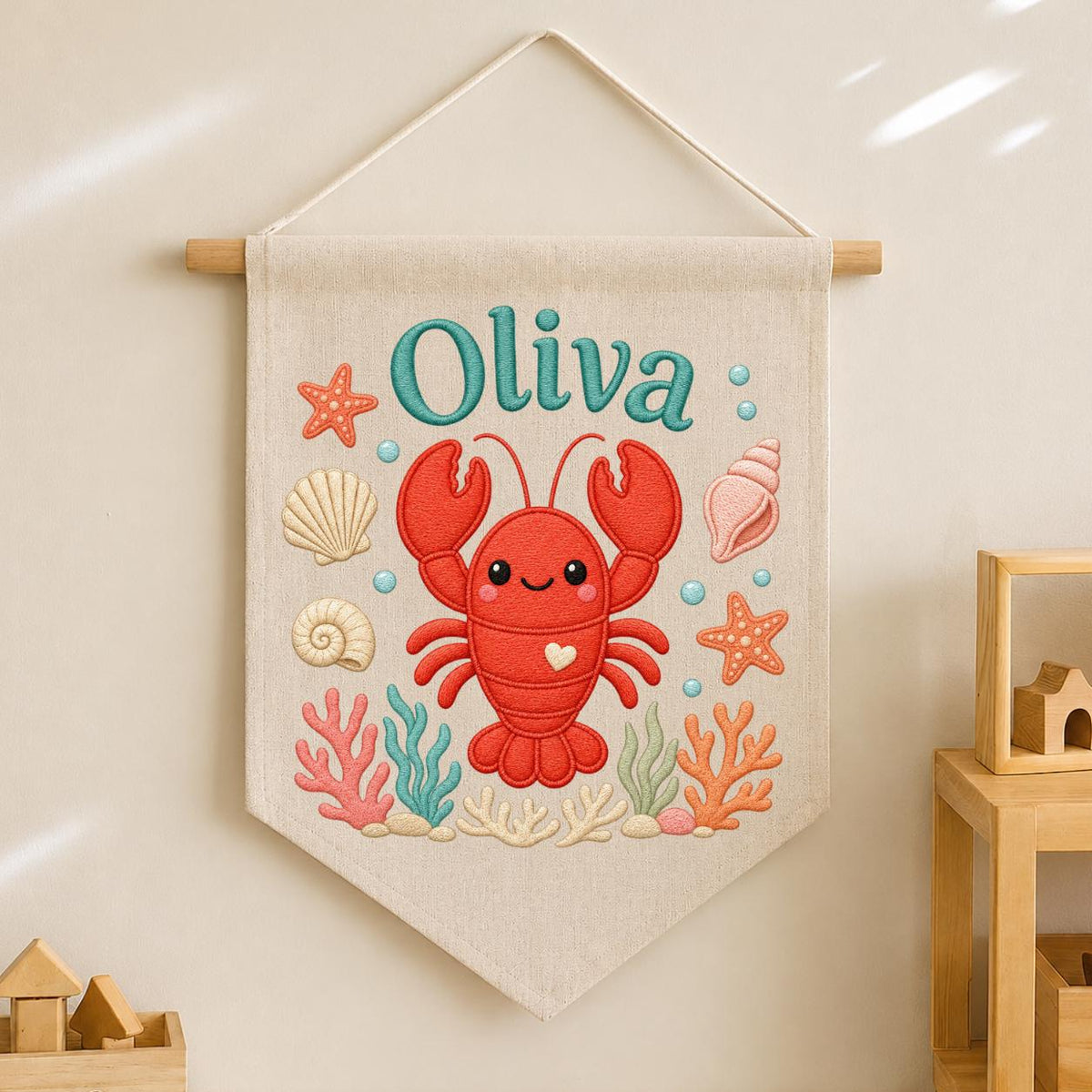 Personalized Lobster Name Banner, Nautical Nursery Decor, Embroidered Canvas Sign