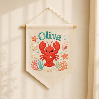 Personalized Lobster Name Banner, Nautical Nursery Decor, Embroidered Canvas Sign
