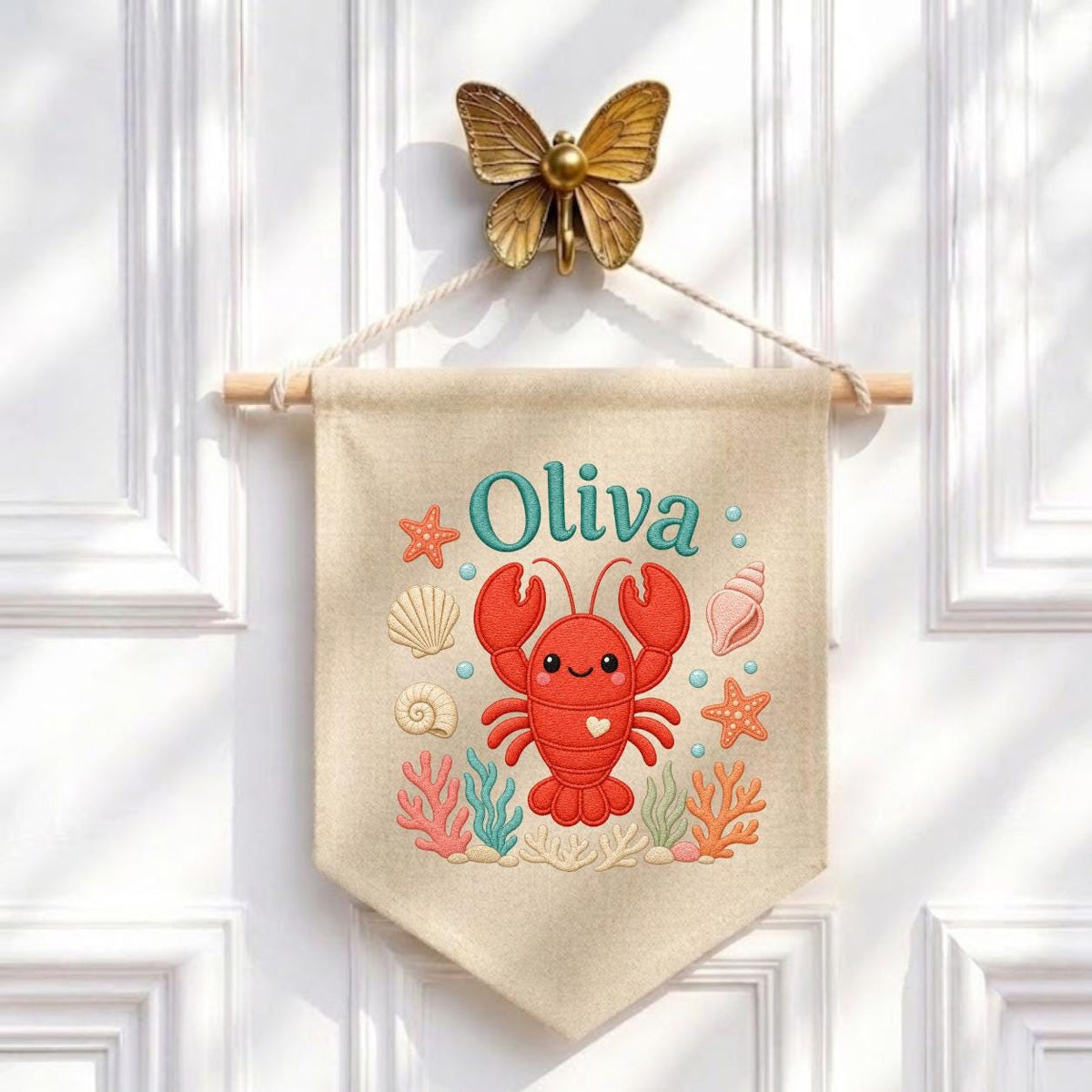 Personalized Lobster Name Banner, Nautical Nursery Decor, Embroidered Canvas Sign