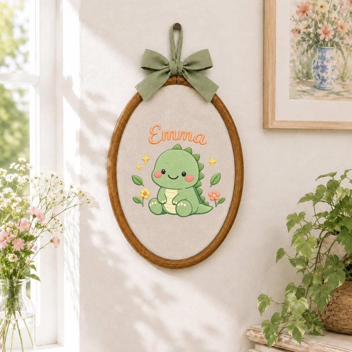 Personalized Embroidered Dinosaur Hoop Art, Custom Name Nursery Decor