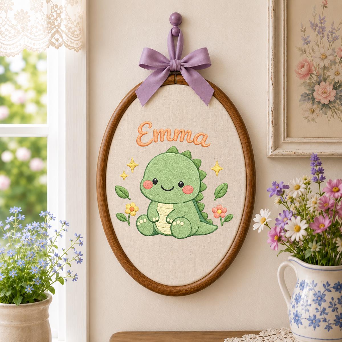 Personalized Embroidered Dinosaur Hoop Art, Custom Name Nursery Decor