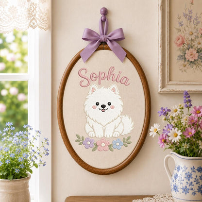 Personalized Embroidered Hoop Art, White Dog Nursery Decor, Custom Name Fabric Wall Sign