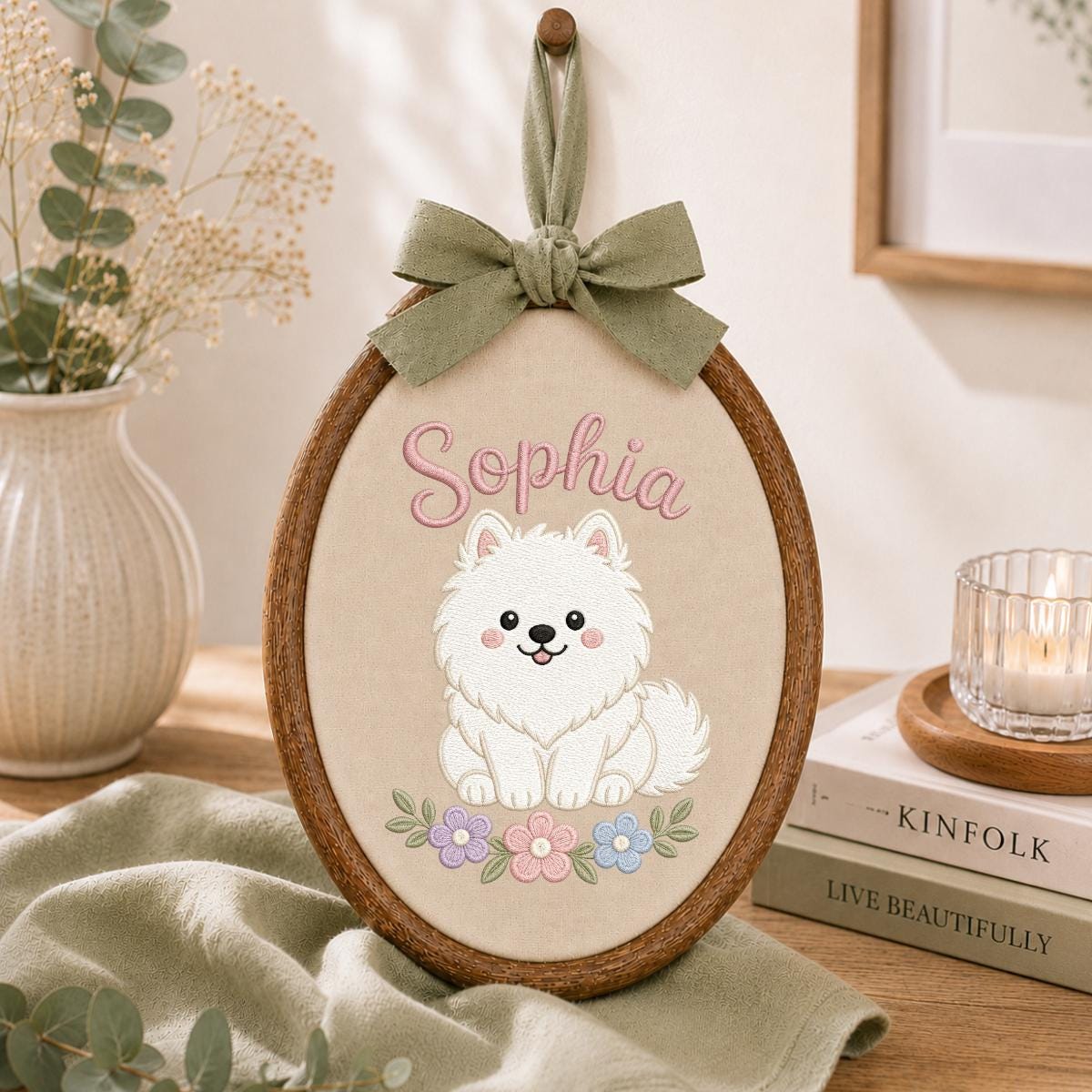 Personalized Embroidered Hoop Art, White Dog Nursery Decor, Custom Name Fabric Wall Sign