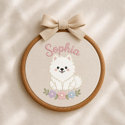 Personalized Embroidered Hoop Art, White Dog Nursery Decor, Custom Name Fabric Wall Sign