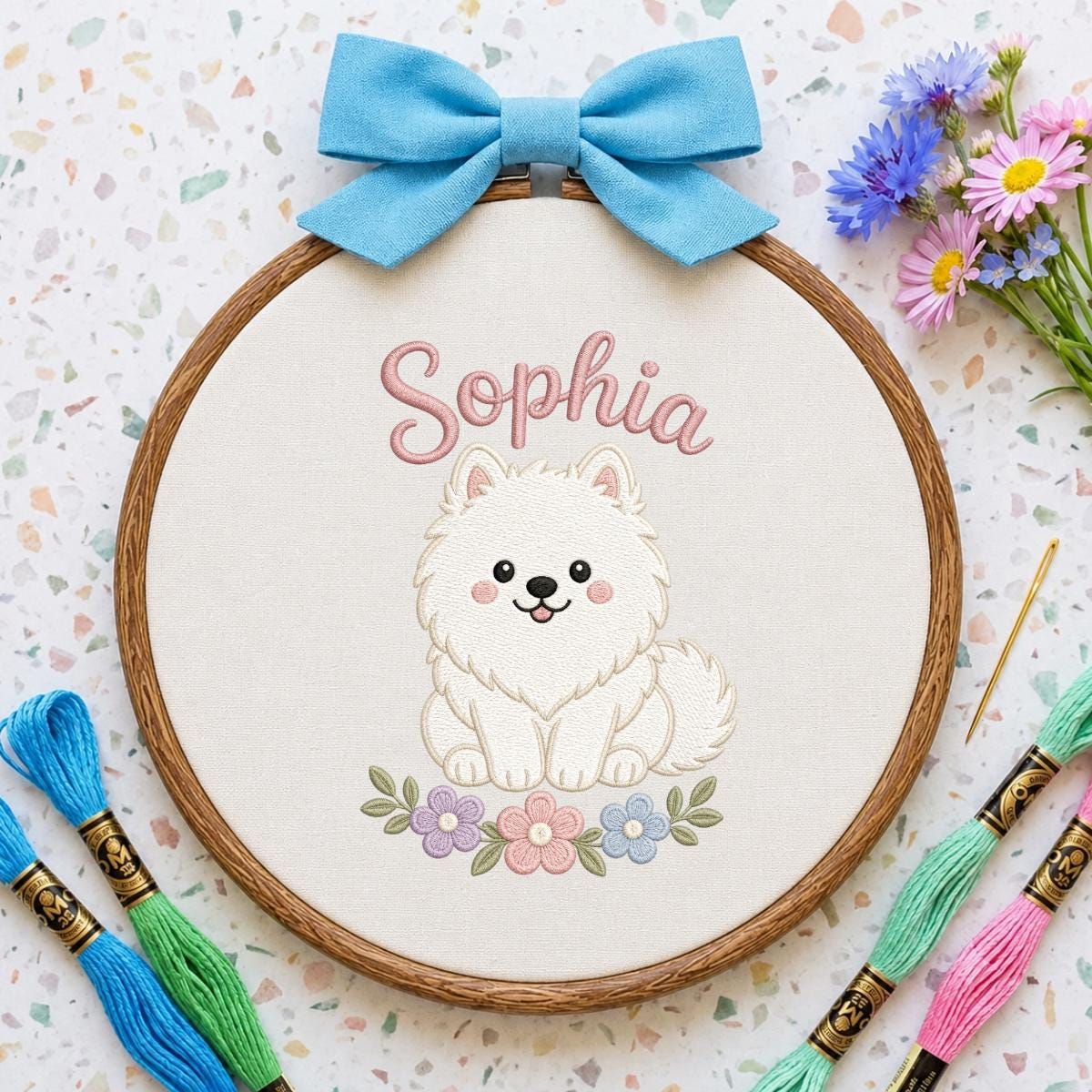 Personalized Embroidered Hoop Art, White Dog Nursery Decor, Custom Name Fabric Wall Sign