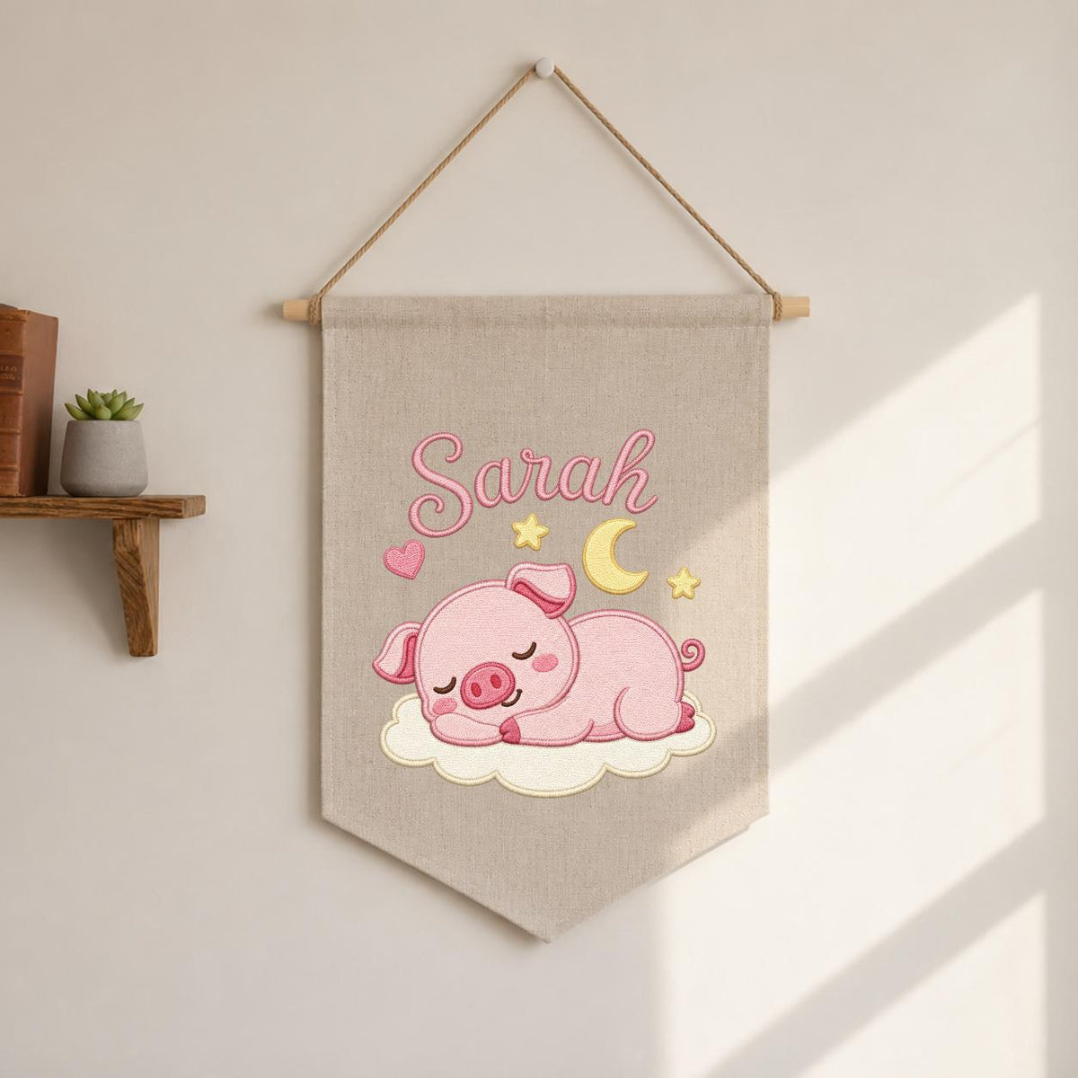 Personalized Embroidered Baby Girl Banner, Sleeping Piglet Nursery Decor