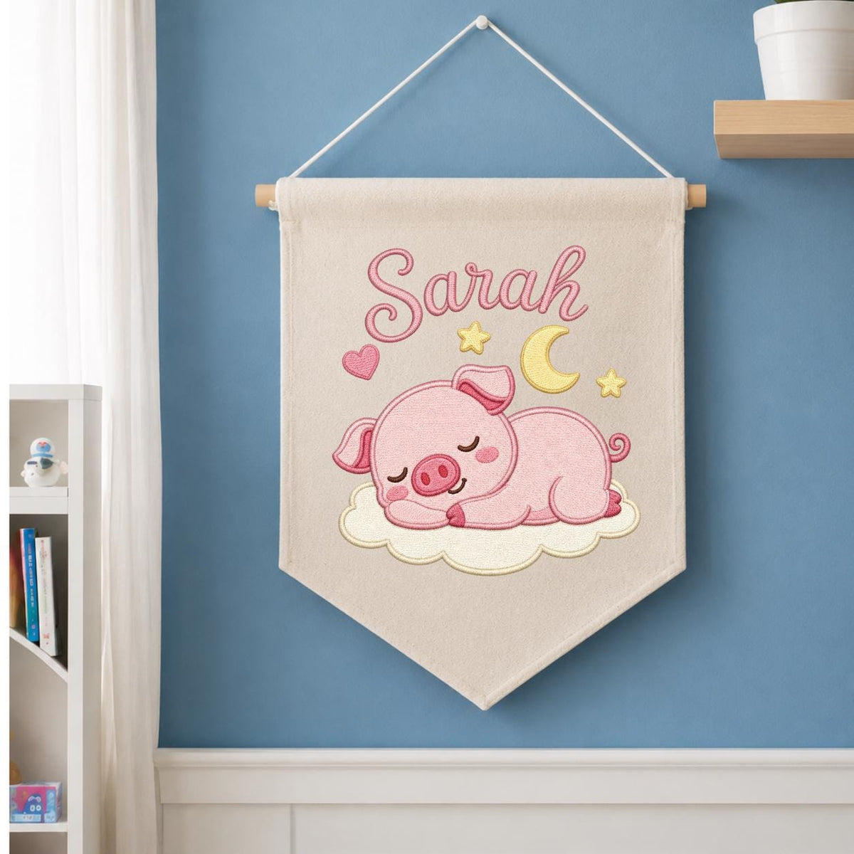 Personalized Embroidered Baby Girl Banner, Sleeping Piglet Nursery Decor