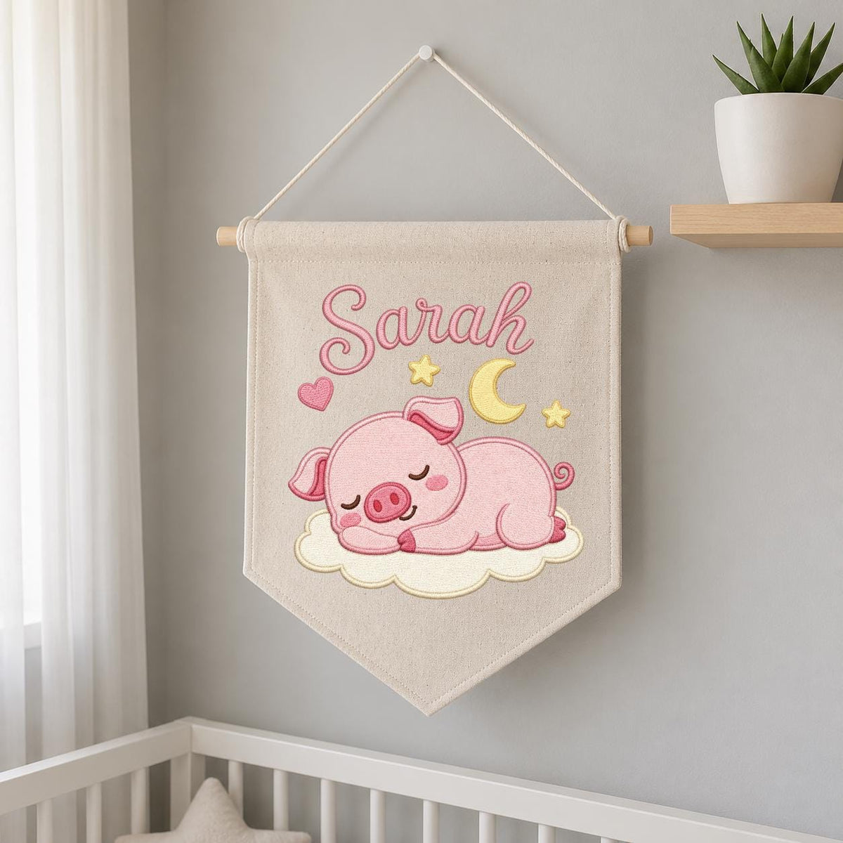 Personalized Embroidered Baby Girl Banner, Sleeping Piglet Nursery Decor