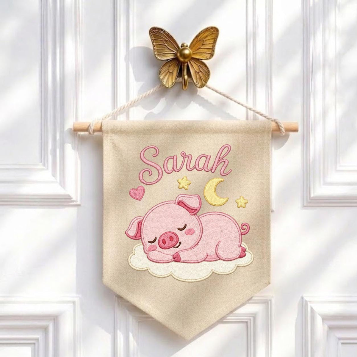 Personalized Embroidered Baby Girl Banner, Sleeping Piglet Nursery Decor
