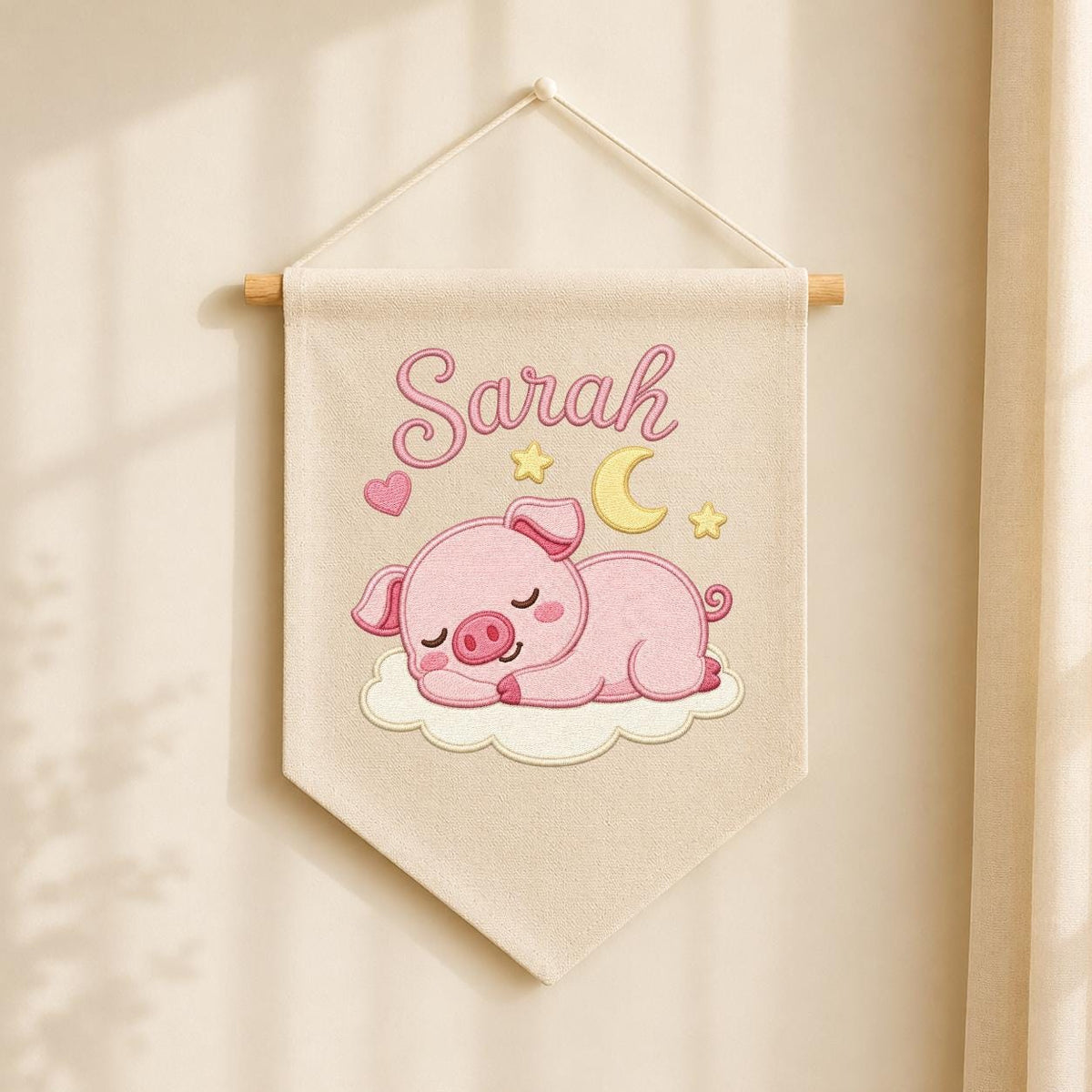 Personalized Embroidered Baby Girl Banner, Sleeping Piglet Nursery Decor