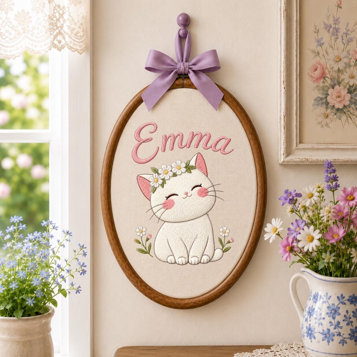 Personalized Embroidered Cat Hoop Art, Custom Name Daisy Crown Fabric Wall Decor