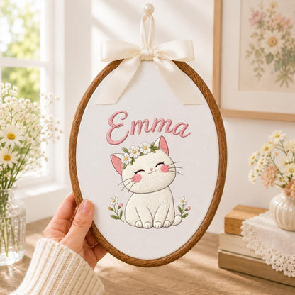 Personalized Embroidered Cat Hoop Art, Custom Name Daisy Crown Fabric Wall Decor