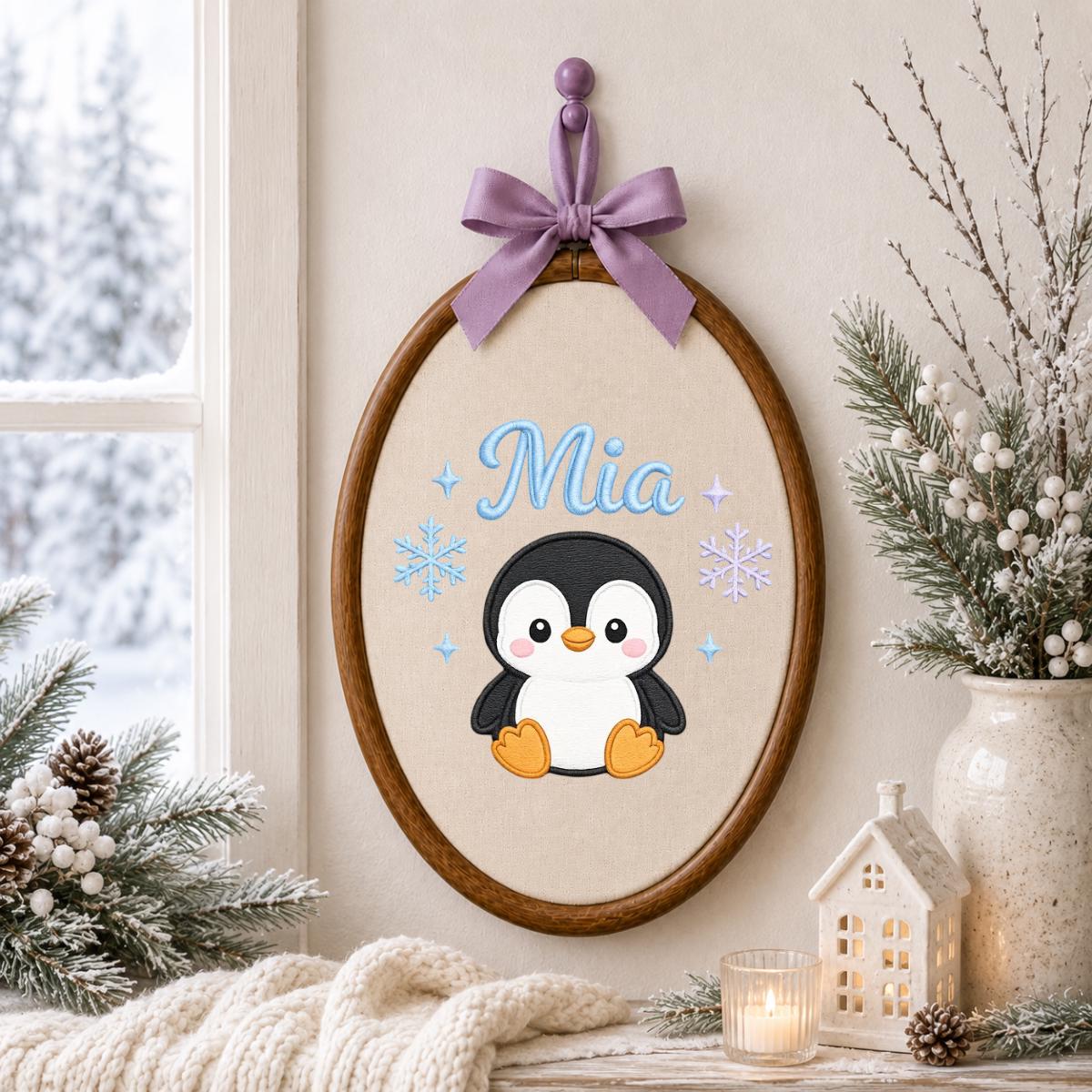 Personalized Penguin Embroidered Hoop Art, Custom Name Nursery Decor