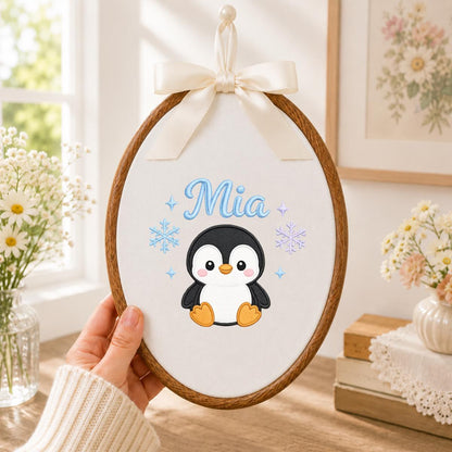 Personalized Penguin Embroidered Hoop Art, Custom Name Nursery Decor