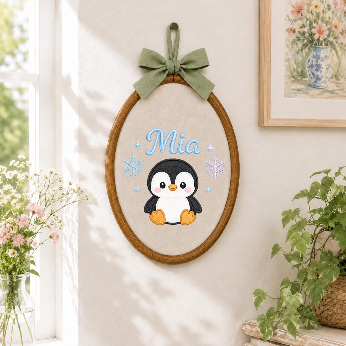 Personalized Penguin Embroidered Hoop Art, Custom Name Nursery Decor