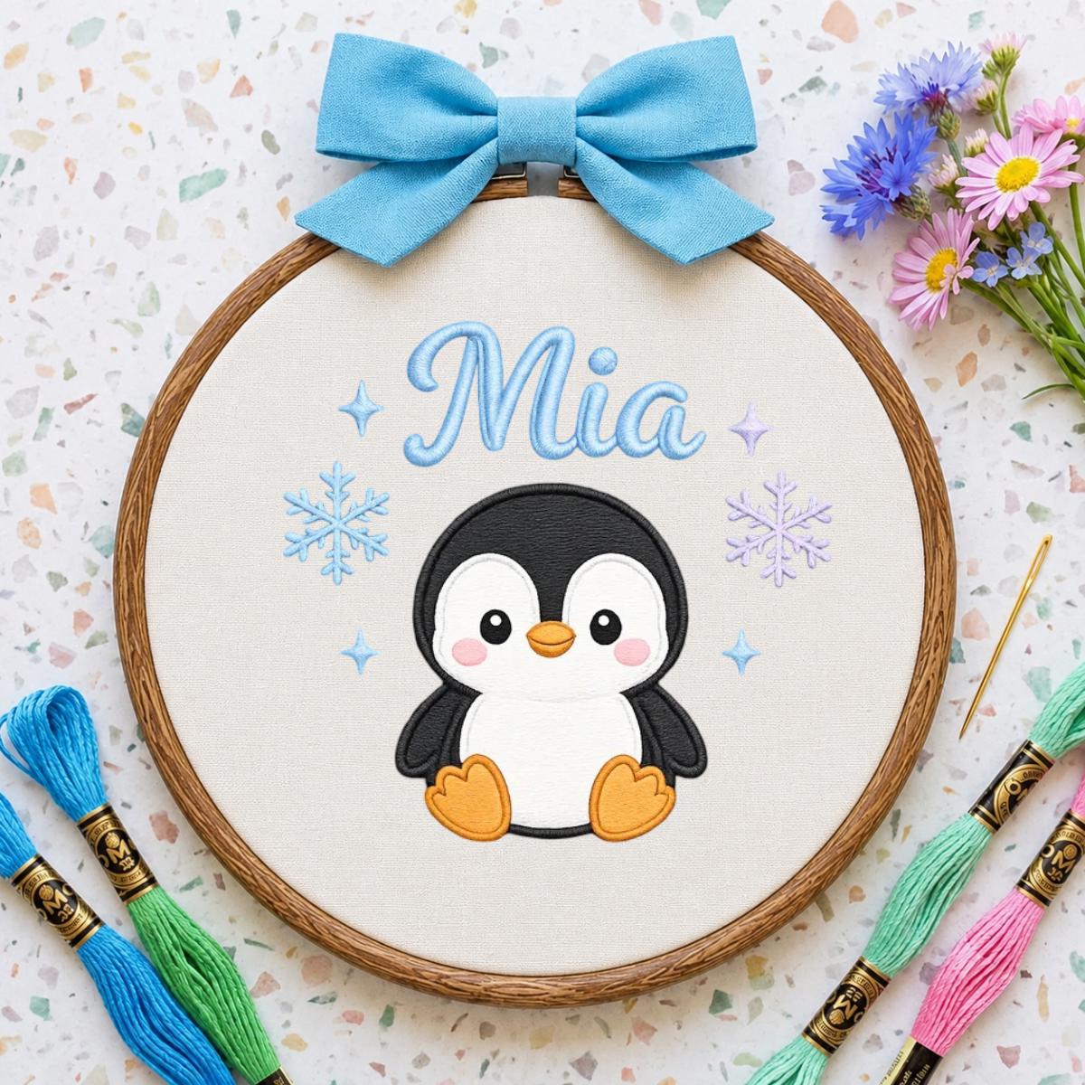 Personalized Penguin Embroidered Hoop Art, Custom Name Nursery Decor